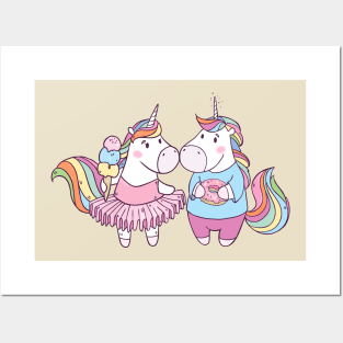 Unicorns in Love with Donut and Ice cream Posters and Art